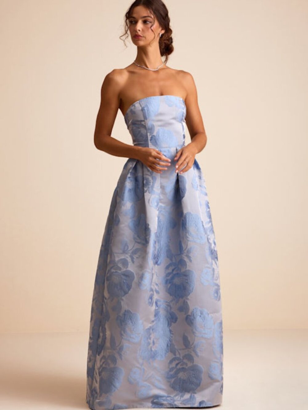 Lulus Laurelin Slate Blue Floral Jacquard Pleated Strapless Maxi Dress - Size L